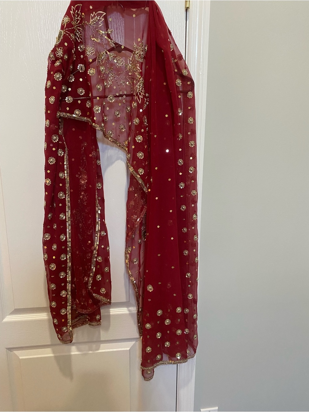 Elegant Red Embellished Women's Scarf with Gold Accents